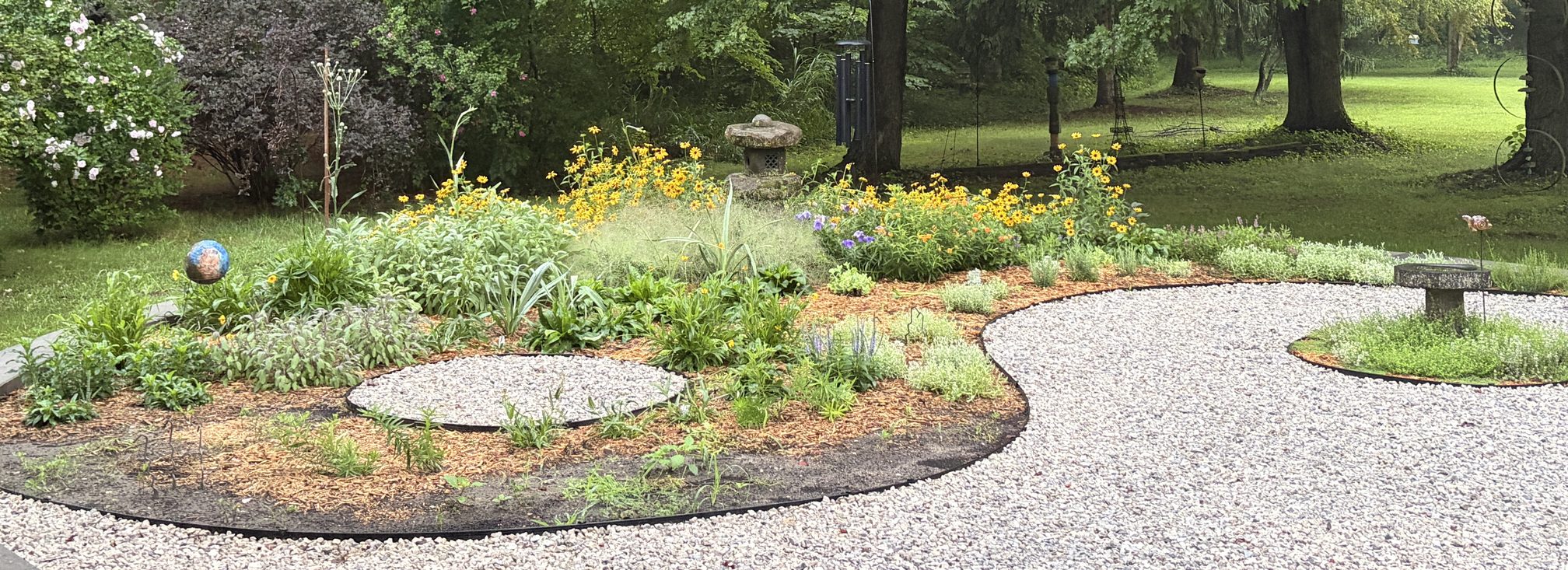 Naturalistic residential garden bed with black-eyed Susans, a gravel path, and a stone lantern